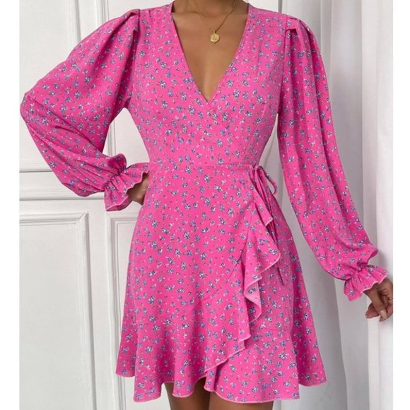 . Dresses & Skirts - Pink Boho Ditsy Floral Flounce Long Sleeve Knot Side Mini Dress